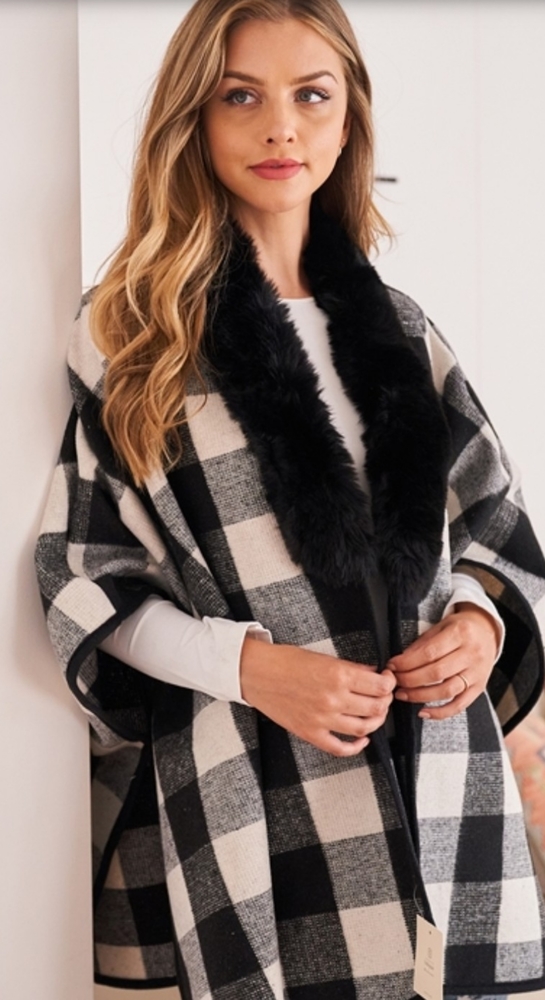 NWT Plaid Fur Open Front Poncho